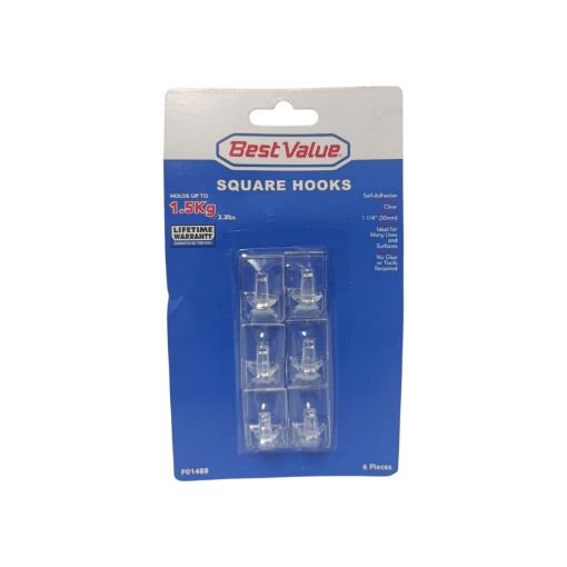 Imagen de GANCHO ADHESIVO BEST VALUE CUADRADO TRANSPARENTE 30 MM 6 UND 