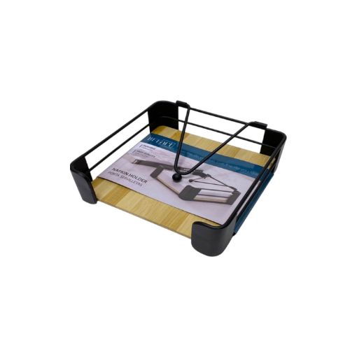 Imagen de SERVILLETERO METÁLICO LIFE ART CON BASE DE BAMBÚ 19X19X6.5 CM #739-DBE05126 1 UND 